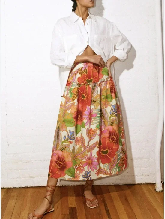 Mara Hoffman Bettina Floral Organic Cotton DropWaist Ruffle Maxi Luxury Skirt,XS - Picture 1 of 15